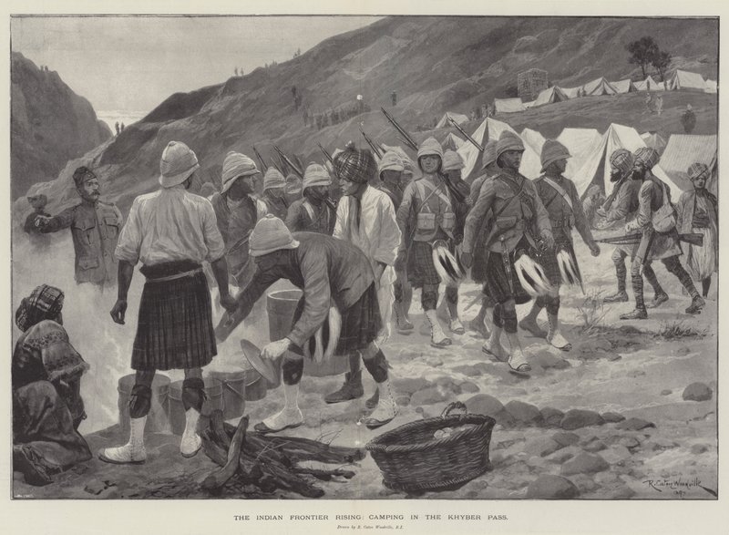 Den indiska gränsen reser sig, camping i Khyberpasset av Richard Caton Woodville junior