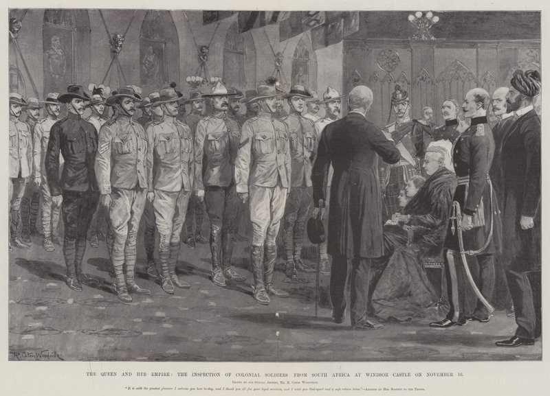 Drottningen och hennes imperium, inspektionen av koloniala soldater från Sydafrika vid Windsor Castle den 16 november av Richard Caton Woodville junior