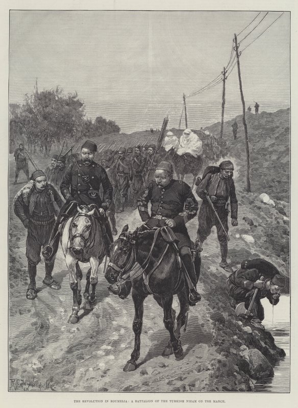 Revolutionen i Rumänien, en bataljon från den turkiska Nizam på marsch av Richard Caton Woodville junior