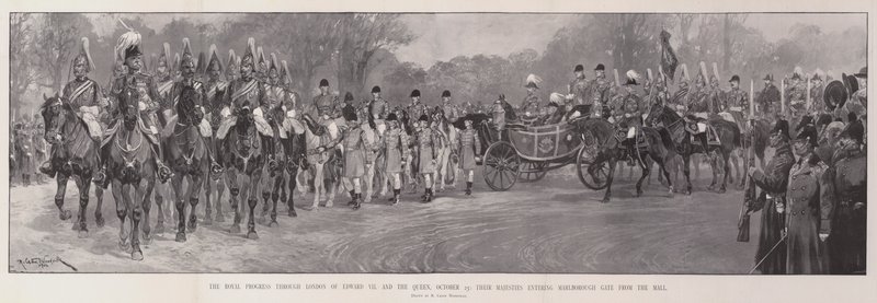 The Royal Progress through London av Edward VII och drottningen, 25 oktober, deras majestäter går in i Marlborough Gate från köpcentret av Richard Caton Woodville junior