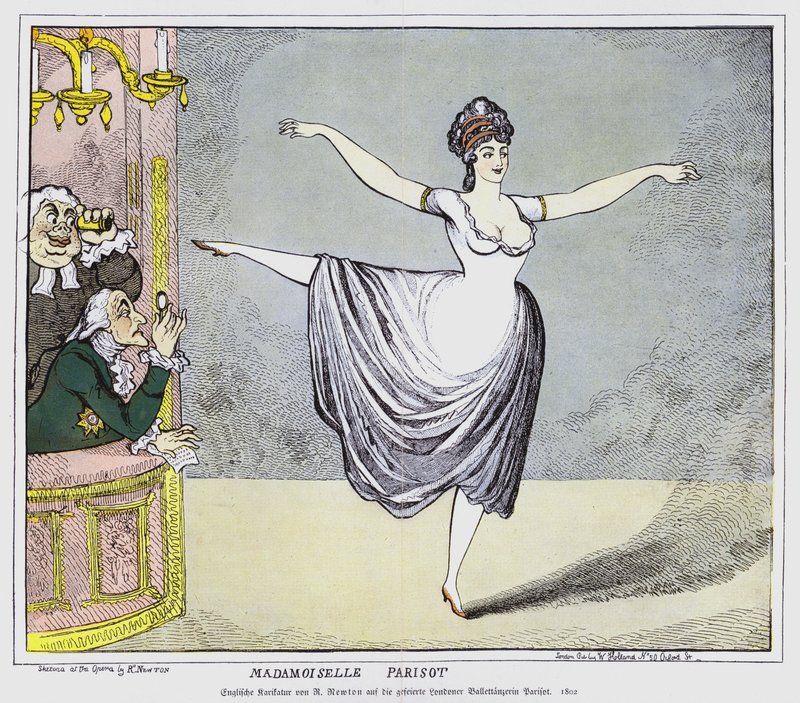 Engelsk tecknad film föreställande manliga medlemmar av publiken fängslade av ett framträdande av den kontroversiella franska ballerinan Mademoiselle Parisot, 1802 av Richard Newton