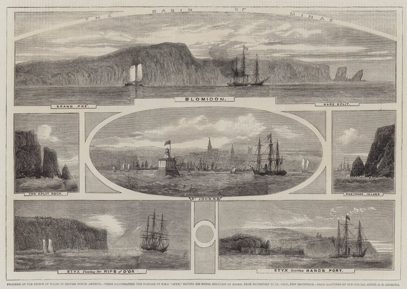 Prinsen av Wales framsteg i brittiska Nordamerika, vyer som illustrerar passagen av HMS Styx, med Hans kungliga höghet ombord, från Handsport till St John, New Brunswick av Richard Principal Leitch