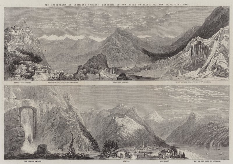 Stereorama vid Cremorne Gardens, Panorama över vägen till Italien, via St Gothard-passet av Richard Principal Leitch