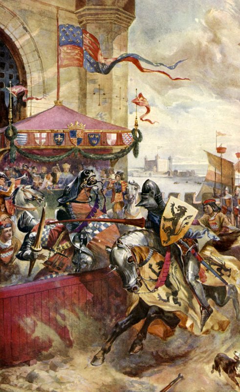 Joust hölls på London Bridge (färg litho) av Richard (after) Beavis