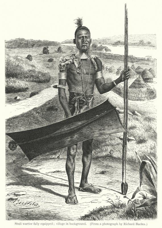 Shuli krigare fullt utrustad; by i bakgrunden (gravyr) av Richard (after) Buchta