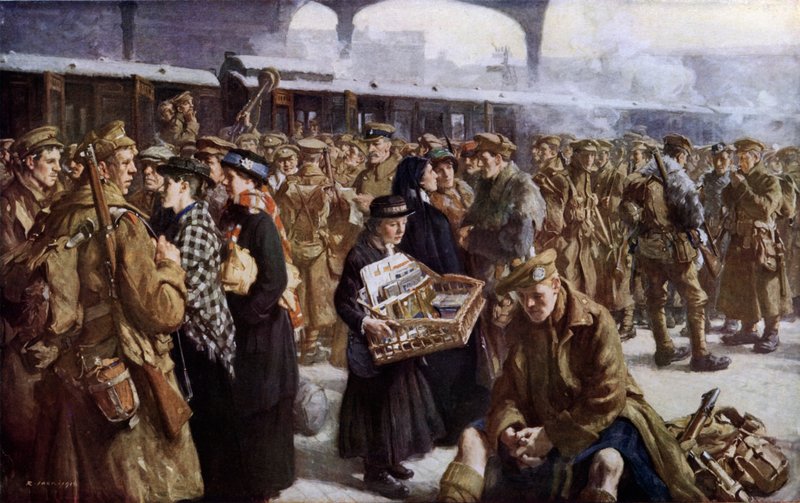 Victoria Station, WW1, avgår till Frankrike (färg litho) av Richard (after) Jack