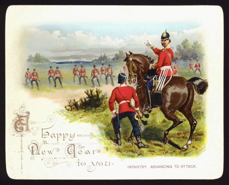 Infanteri på väg till attack, hälsningskort för nyår (chromolitho) av Richard (after) Simkin
