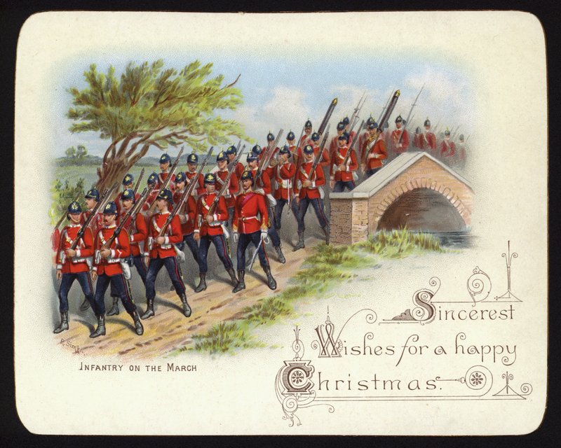 Infanteri på marsch, julhälsningskort (chromolitho) av Richard (after) Simkin