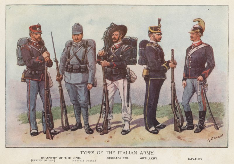 Soldater från den italienska armén (färg litho) av Richard (after) Simkin