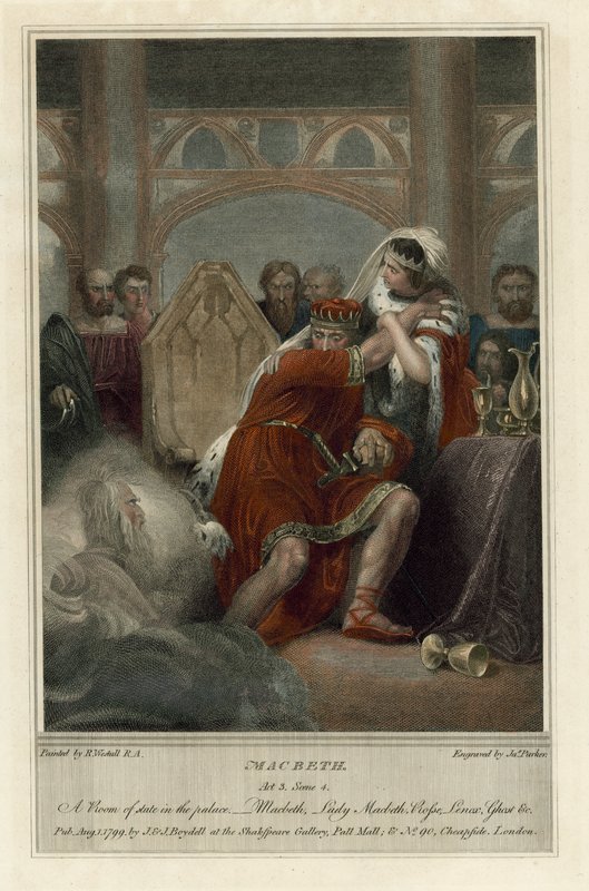 Illustration till Shakespeares Macbeth, akt III, scen 4 (färgad gravyr) av Richard (after) Westall