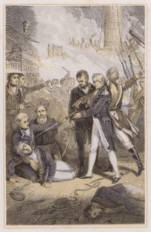 Nelson tar emot den spanska amiralens svärd (färgad gravyr) av Richard (after) Westall