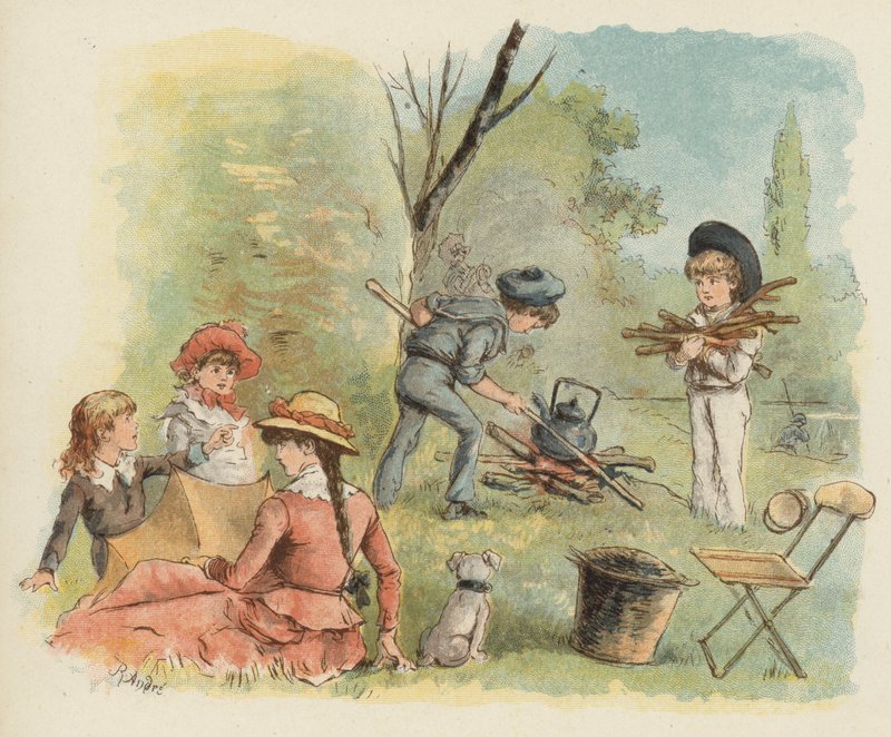 Barn som förbereder sig för en picknick (färg litho) av Richard Andre