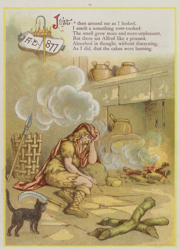 Sida från Upstream av Richard Andre, King Alfred and the cakes (färg litho) av Richard Andre