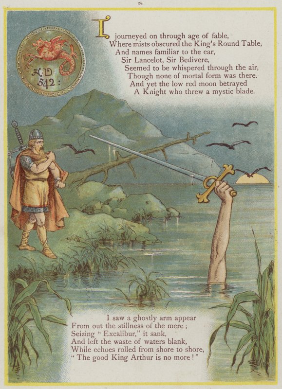 Sida från Upstream av Richard Andre, King Arthur och Excalibur (färg litho) av Richard Andre