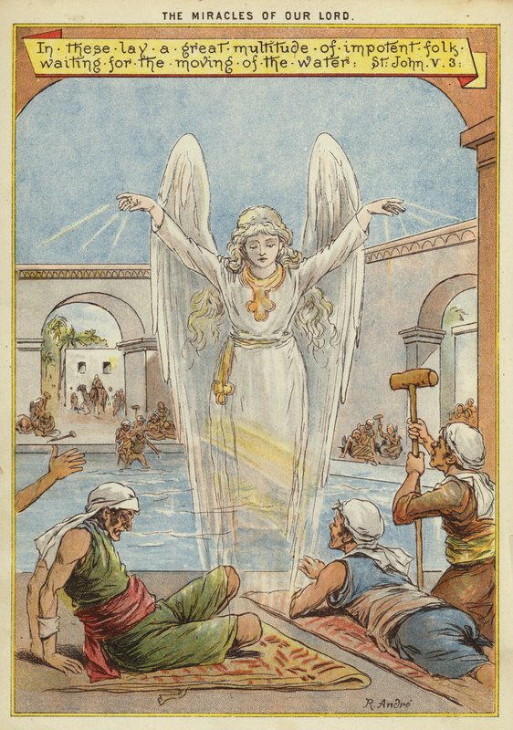 Kristi mirakel: sjuka människor som väntar på att vattnet ska flyttas av en ängel (chromolitho) av Richard Andre