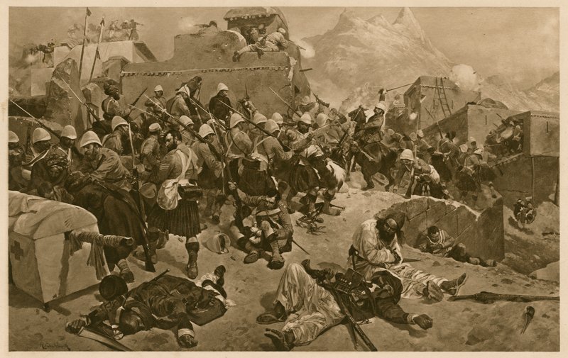 92nd Highlanders och 2nd Gurkhas stormar Gundi Mulla Sahibdad under slaget vid Kandahar, Afghanistan, andra anglo-afghanska kriget av Richard Caton II (after) Woodville