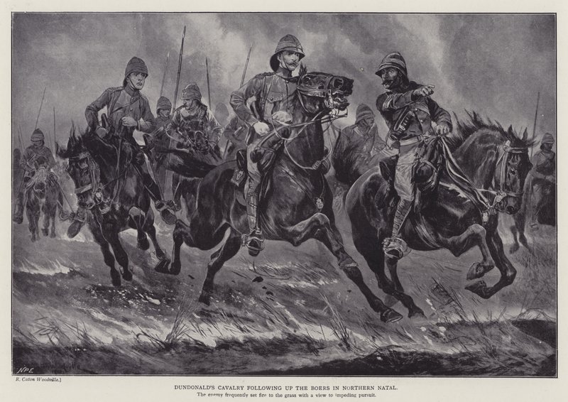Dundonalds kavalleri följer upp boerna i norra Natal (litho) av Richard Caton II (after) Woodville