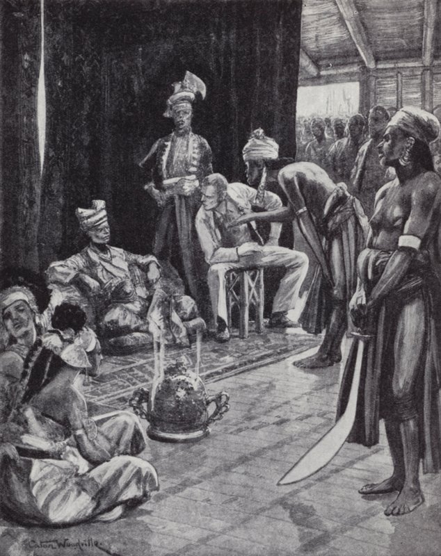 Sir James Brooke förhandlar fram ett avtal med sultanen av Brunei för att etablera en brittisk koloni på Borneo av Richard Caton II (after) Woodville