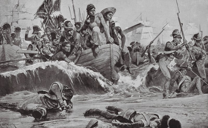 De brittiska trupperna tvingar fram en landstigning i Aboukir Bay inför de franska batterierna (litografi) av Richard Caton II (after) Woodville