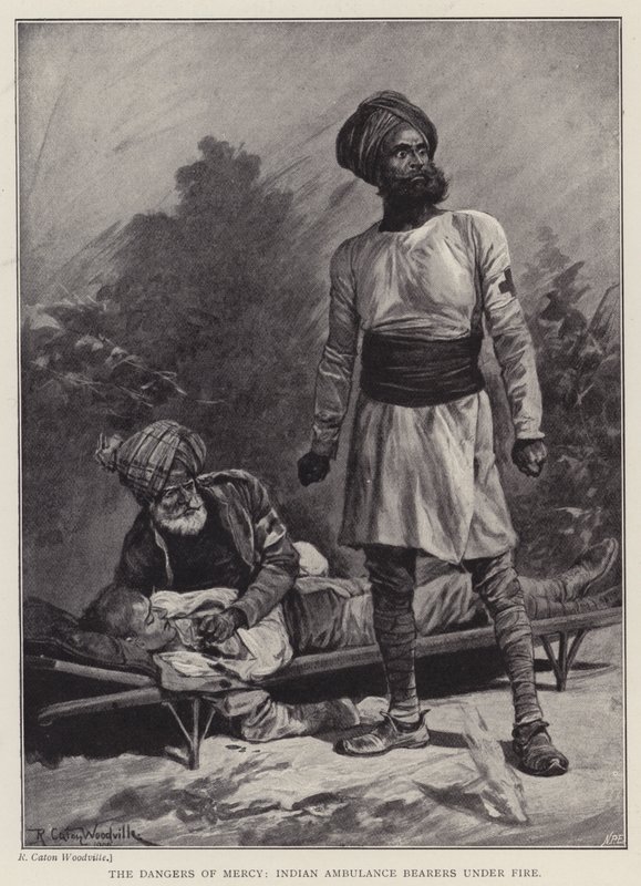 Farorna med barmhärtighet, indiska ambulansbärare under eld (litho) av Richard Caton II (after) Woodville