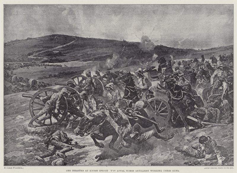Katastrofen vid Koorn Spruit, Royal Horse Artillery arbetar med sina vapen (litho) av Richard Caton II (after) Woodville