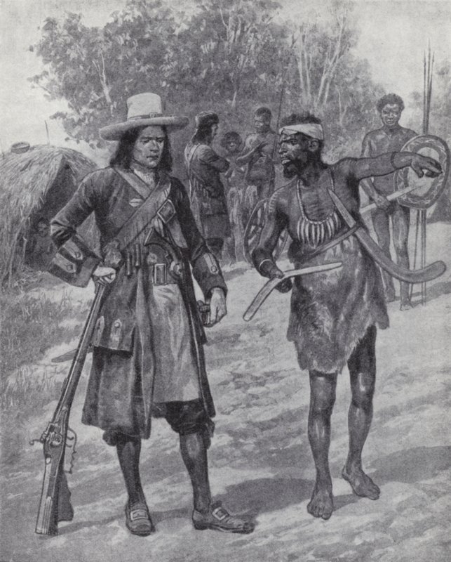 William Dampier med en urbefolkning under hans utforskning av Australien, sent 1600-tal (litho) av Richard Caton II (after) Woodville