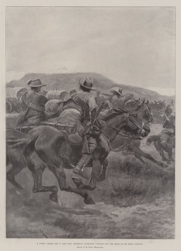 En sträng jakt och en lång, Imperial Yeomanry skär av den bakre delen av De Wets konvoj av Richard Caton Woodville junior