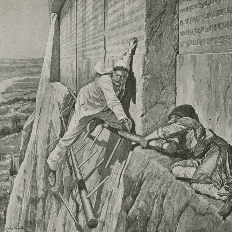 Sir Henry Rawlinson undkom med nöd och näppe vid Behistunklippan av Richard Caton Woodville junior