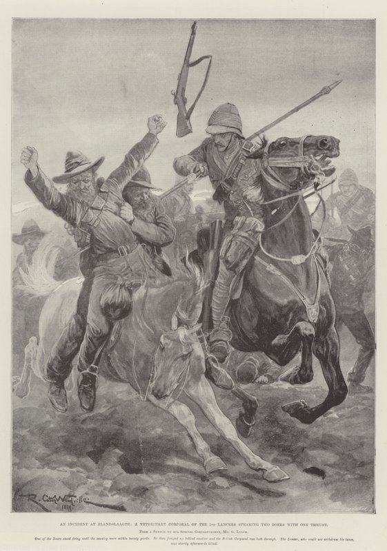 En incident vid Elandslaagte, en veterinärkorpral från 5:e Lancers som spjuts av två boer med en kraft av Richard Caton Woodville junior