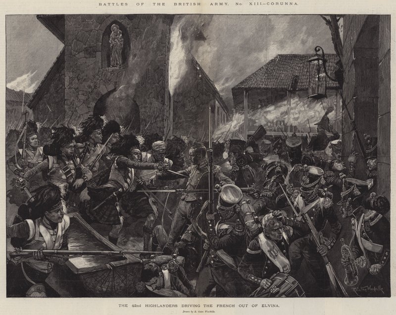 Slag i den brittiska armén, Corunna, 42nd Highlanders som driver ut fransmännen från Elvina av Richard Caton Woodville junior