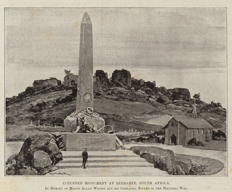 Avsett monument i Zimbabye, Sydafrika, till minne av major Allan Wilson och hans kamrater, dödade i Matabili-kriget av Richard Caton Woodville junior