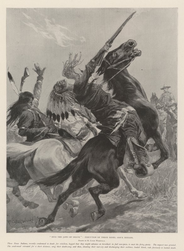 Into the Jaws of Death, avrättning av tre rebelliska siouxindianer av Richard Caton Woodville junior
