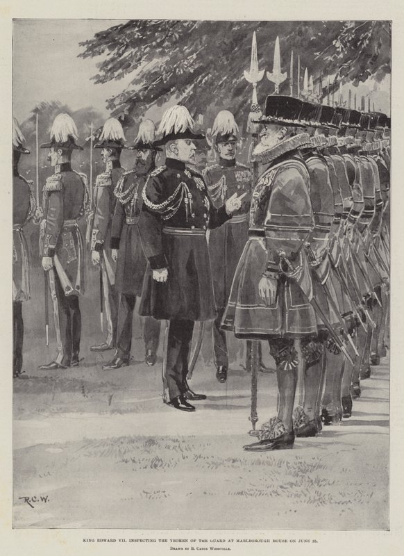 Kung Edward VII inspekterar Guardets Yeomen i Marlborough House den 25 juni av Richard Caton Woodville junior