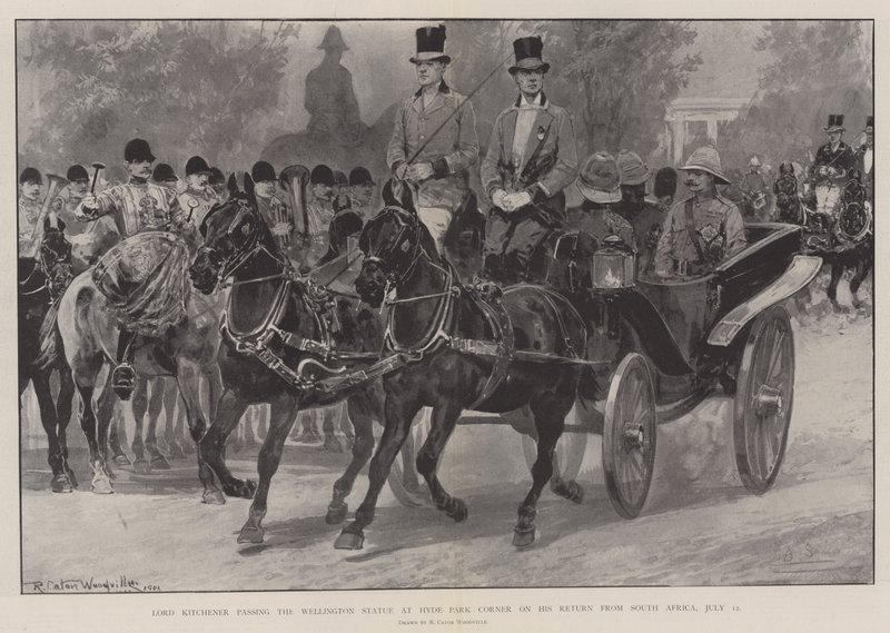 Lord Kitchener passerar Wellington-statyn vid Hyde Park Corner när han återvänder från Sydafrika, 12 juli. av Richard Caton Woodville junior
