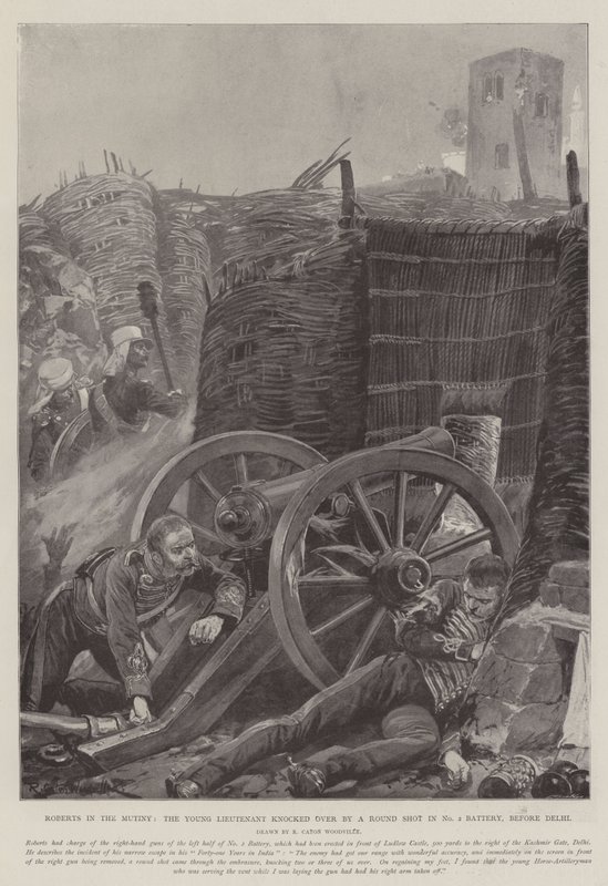Roberts in the Mytery, den unge löjtnanten knockad av ett runda skott i No 2 Battery, före Delhi av Richard Caton Woodville junior