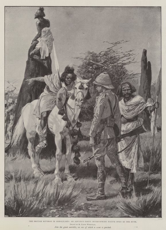 The British Reverse i Somaliland, ett Advance Party som intervjuar Native Spies in the Bush av Richard Caton Woodville junior