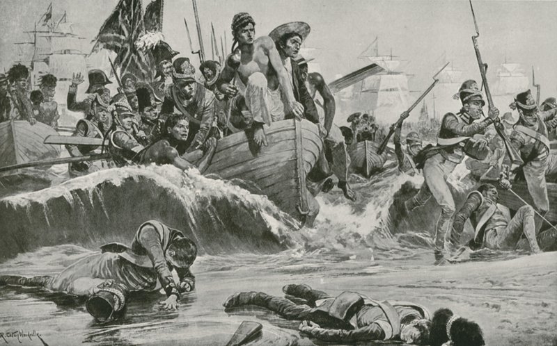 De brittiska trupperna tvingar fram en landning vid Aboukir Bay inför de franska batterierna av Richard Caton Woodville junior