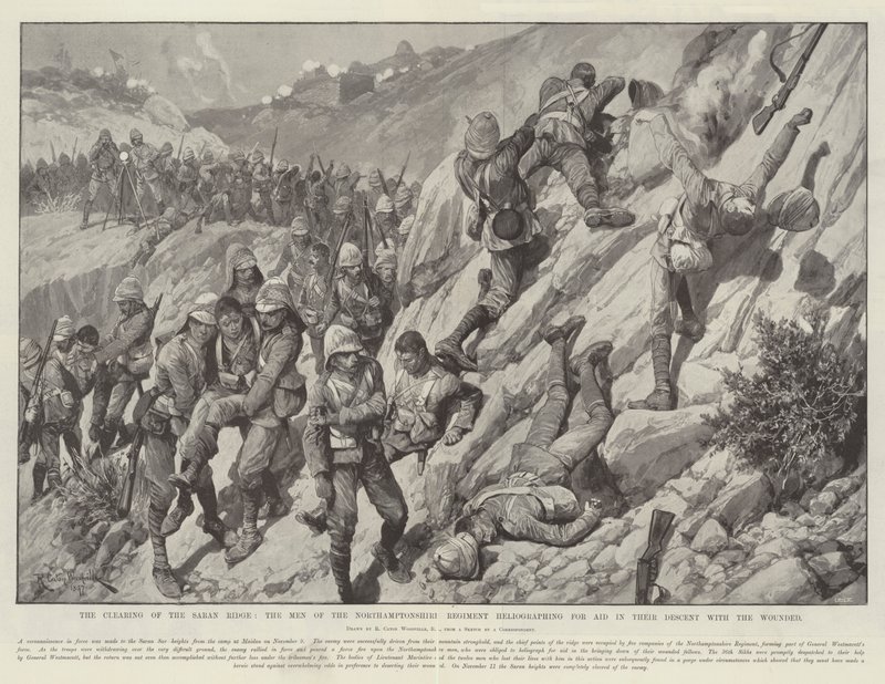 Rensningen av Saran Ridge, männen från Northamptonshire Regiment heliograferar för hjälp i deras nedstigning med de sårade av Richard Caton Woodville junior