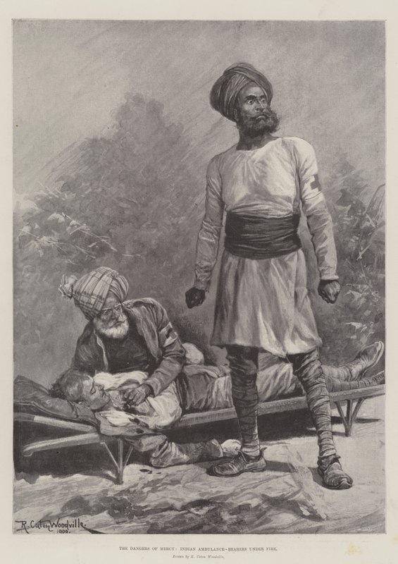 Barmhärtighetens faror, indiska ambulansbärare under eld av Richard Caton Woodville junior