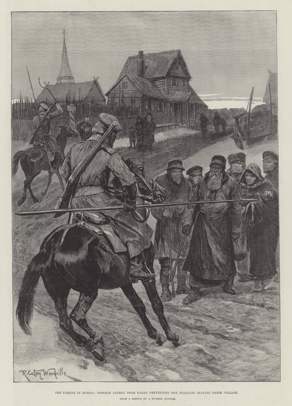 Hungersnöden i Ryssland, kosackpatrull nära Kazan hindrar bönderna från att lämna sin by av Richard Caton Woodville junior
