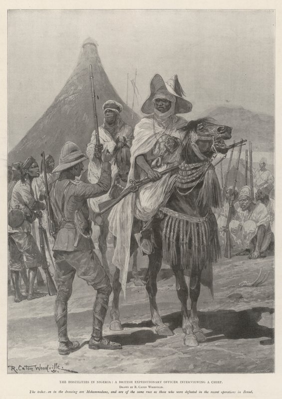 The Hostilities in Nigeria, en brittisk expeditionsofficer som intervjuar en chef av Richard Caton Woodville junior