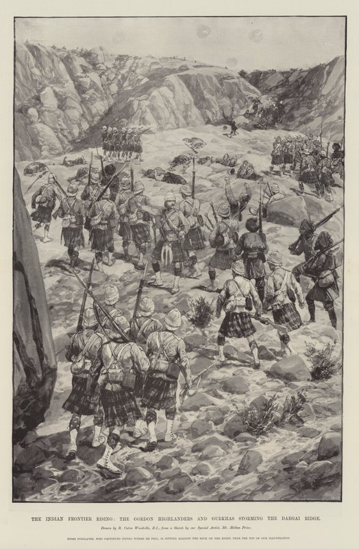 Den indiska gränsen reser sig, Gordon Highlanders och Gurkhas stormar Dargai Ridge. av Richard Caton Woodville junior