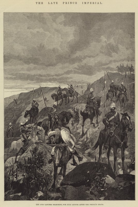 The Late Prince Imperial, den 17:e Lancers letar efter Zulu Scouts efter Prinsens död av Richard Caton Woodville junior