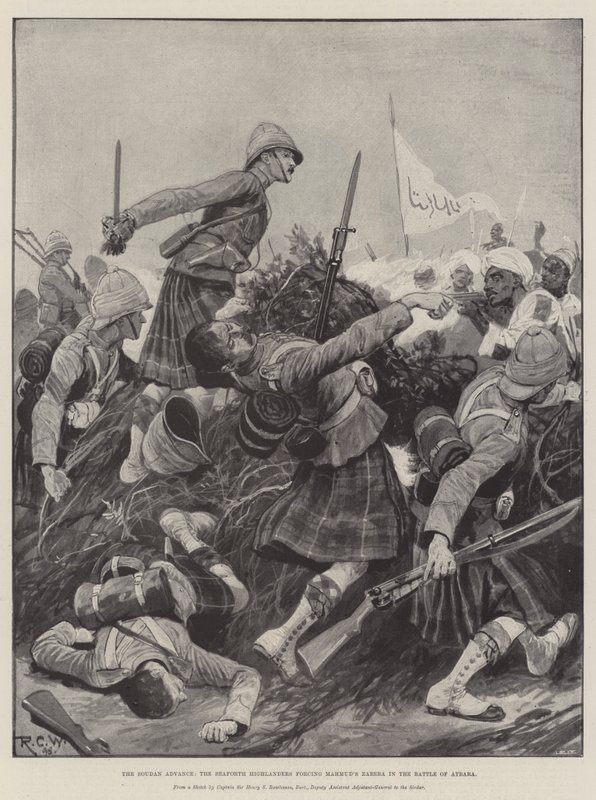 Soudan Advance, Seaforth Highlanders tvingar Mahmuds Zareba i slaget vid Atbara av Richard Caton Woodville junior