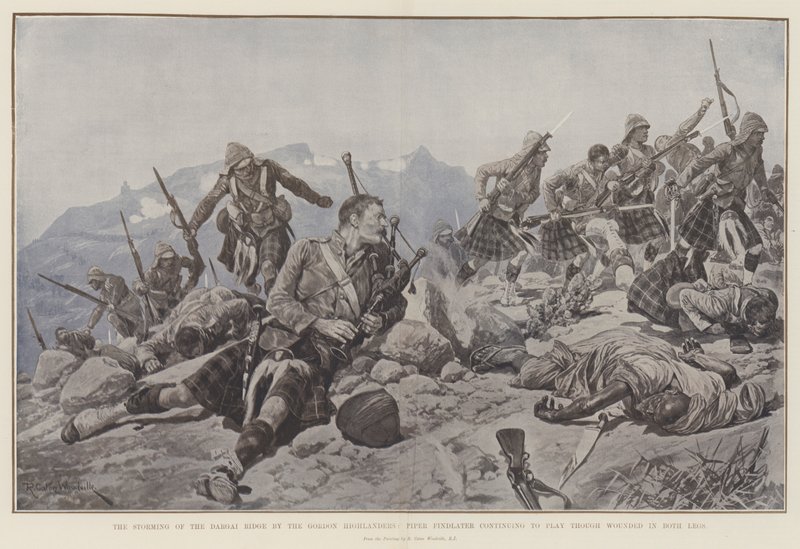 The Storming of the Dargai Ridge av Gordon Highlanders, Piper Findlater fortsätter att spela men skadad i båda benen av Richard Caton Woodville junior