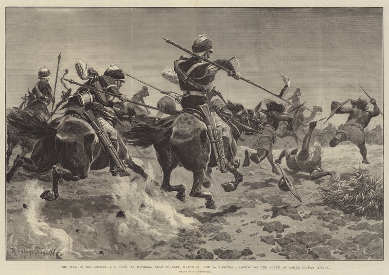 Kriget i Soudan, kampen vid Hasheen, nära Souakim, 20 mars, den 5:e Lancers anfaller på flanken av Osman Dignas attack av Richard Caton Woodville junior