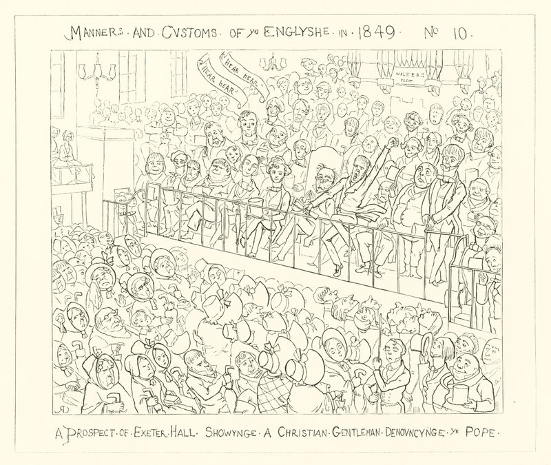 1849, En prospekt av Exeter Hall som visar en kristen gentleman som fördömer påven av Richard Doyle