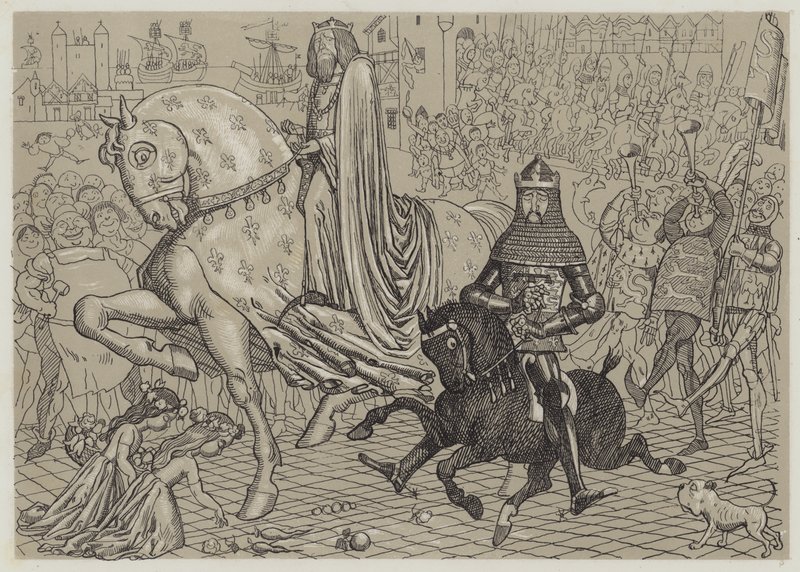Edward den svarte prinsen, med sin fånge, kung John av Frankrike, på väg in i London (akvatint) av Richard Doyle