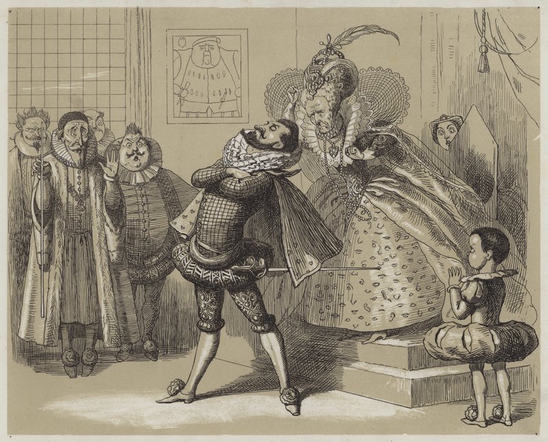 Slående scen mellan drottning Elizabeth och hennes favorit Essex (akvatint) av Richard Doyle
