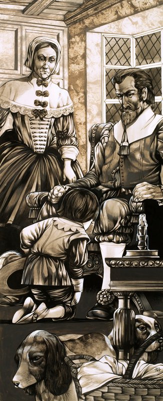 En 1600-talspojke knäböjer framför sin far i botgöring (gouache på papper) av Richard Hook